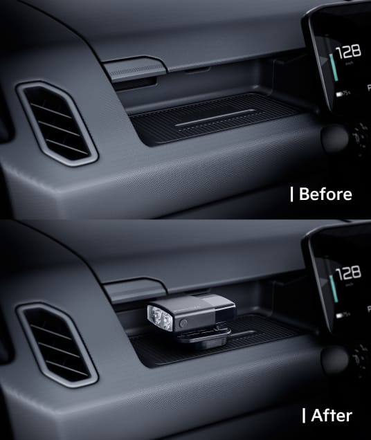Armaturenbrett-Ansicht mit und ohne montierter kompakter Taschenlampe am AddGear