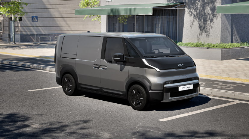 Frontansicht des Kia PV5 Cargo, die sein sauberes, modernes Äußeres und seine Funktionalität hervorhebt